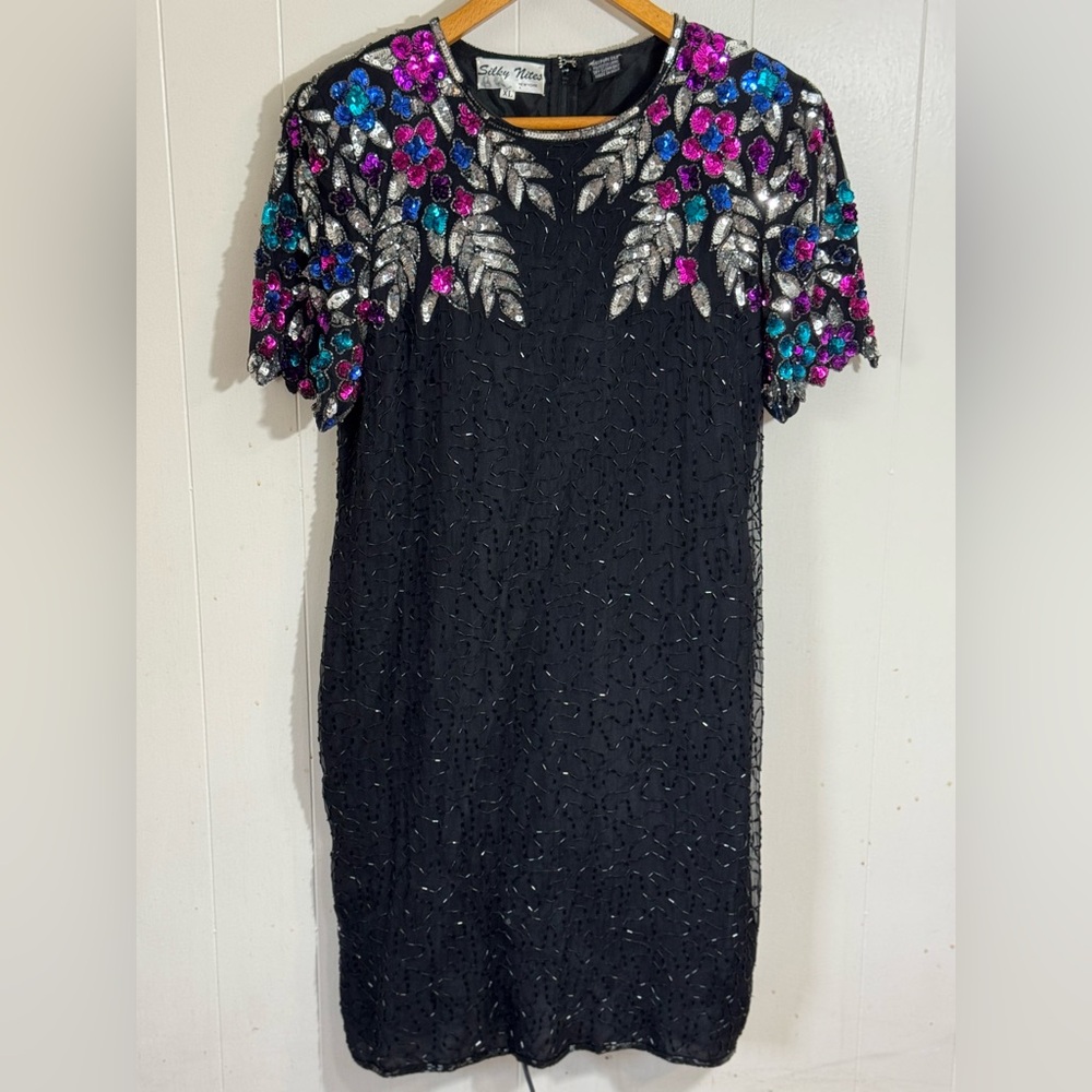 Silky Nites Vintage Black Sequin Beaded Cocktail Dress XL